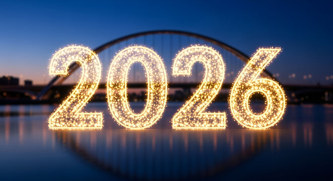 Sparkling 2026 numbers glow brightly on a wet city waterfront at night, ushering in a global Happy New Year 2026 for the world
