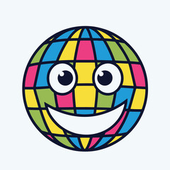 Cartoon globe with a smiling face, divided into colorful squares.
