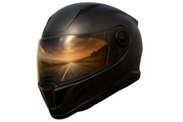 Motorcycle helmet reflecting a sunset road, symbolizing freedom, travel, journey, adventure, and safe riding
