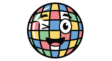 A cheerful winking cartoon disco ball with a colorful grid pattern and a happy face.