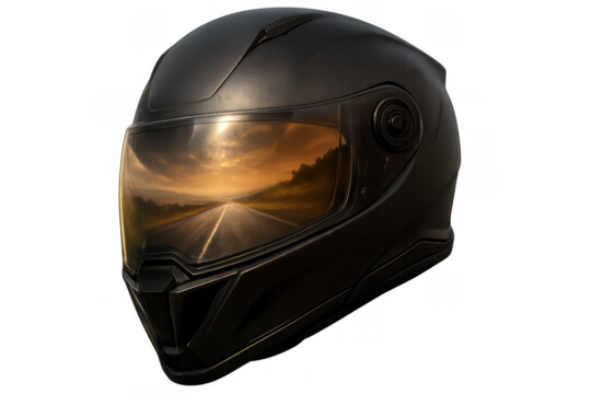 Motorcycle helmet reflecting a sunset road, symbolizing freedom, travel, journey, adventure, and safe riding