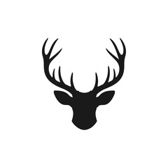 Stylized Silhouette of a Deer Head with Majestic Antlers Facing Forward, Elegant Graphic Design Element for Wildlife and Nature Themes