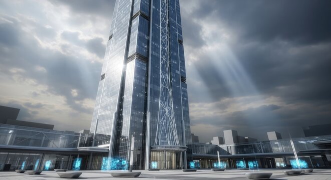 Modern Futuristic Skyscraper with Holographic Data Displays in Urban Plaza
