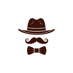 Brown Vintage Hat Mustache and Bow Tie Illustration Gentleman Accessories Gentleman Retro Style Attributes