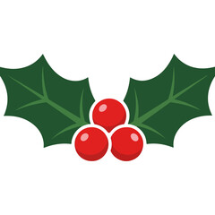 Stylized Holly Sprig with Three Red Berries and Green Leaves Isolated on White Background Festive Christmas Decoration Element