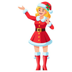 Charming Christmas Woman Character in Santa Claus Outfit with Hat and Boots Presenting with Hand Gesture