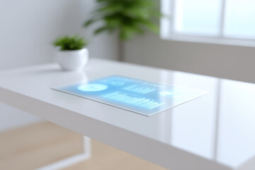 Futuristic transparent digital interface with blue holographic charts on clean white desk in bright modern office