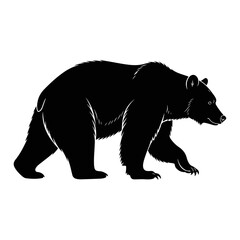Black Silhouette of a Walking Bear with White Outline Details, Side View Profile of a Powerful Wild Animal Isolated on White Background