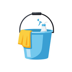 Cleaning bucket with spray bottle and yellow towel, illustration of household cleaning supplies, domestic hygiene tools, and maintenance equipment