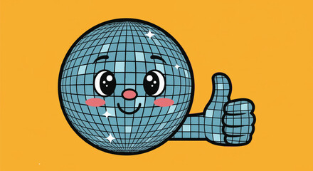 A cute cartoon disco ball character with a happy face gives a thumbs-up gesture on an orange background.
