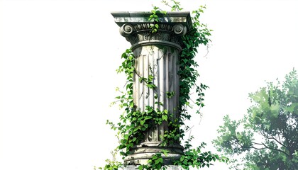 Ancient column with vines and green foliage.