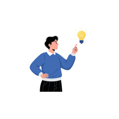 Man pointing finger up at a bright glowing light bulb overhead, symbolizing a new idea or innovation.