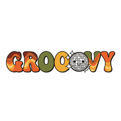 The word GROOVY in a retro 70s font with a smiling disco ball character.