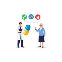 Doctor Offering Giant Pill to Elderly Woman Amidst Icons of Bone Stomach and Heart Organs Health Care Concept