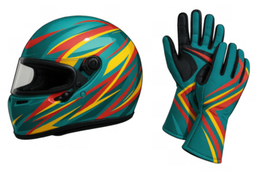 Racing helmet and protective gloves set for motorsports. Dynamic gear with teal, red, and yellow design, transparent background