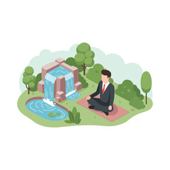 Man in suit meditating peacefully beside a waterfall in a serene park, experiencing mindfulness and calm