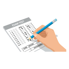 Fototapeta premium Hand holding a pencil filling in answers on a multiple choice exam test paper with bubbles and score fields