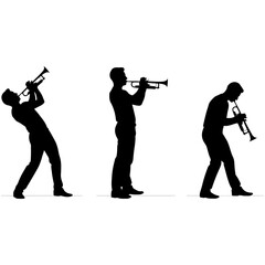 Obraz premium Silhouette of a Man Playing Trumpet with Dynamic Poses Three Musicians Performing Jazz Music Isolated on White Background