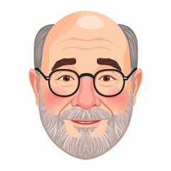 Elderly smiling man character cartoon head with glasses on.