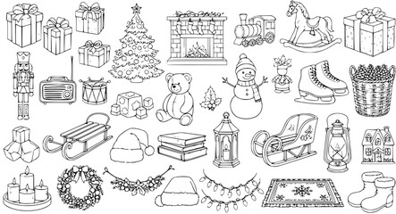 Detailed Line Art Christmas and Winter Holiday Objects Set. Festive Collection of Outline Elements Including Gifts, Tree, Snowman, Sleigh, Boots, and More.