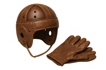 Vintage leather football helmet and gloves illustrating retro american sports history and classic protective athletic gear