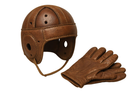 Vintage leather football helmet and gloves illustrating retro american sports history and classic protective athletic gear