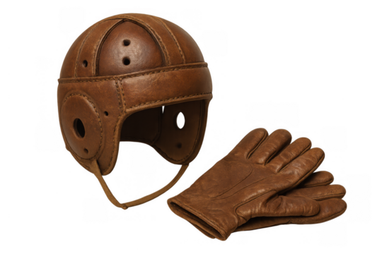 Vintage leather football helmet and gloves illustrating retro american sports history and classic protective athletic gear