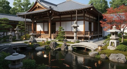 Tranquil Traditional Japanese Temple and Zen Garden with Koi Pond