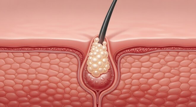 Close up microscopic view of a hair follicle with sebum and dead skin cells