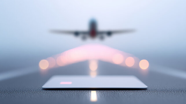 Credit card on runway surface with blurred airplane taking off in background, symbolizing travel and finance