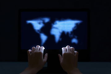 Hands typing on keyboard with digital world map on screen in dark room