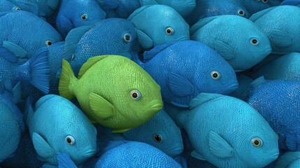 A vibrant green fish stands out among a school of blue fish, highlighting the concept of individuality and uniqueness.