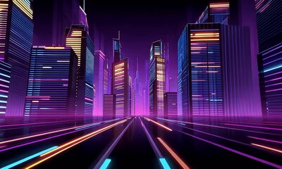 Vibrant neon cityscape with glowing skyscrapers and light trails on a dark background evoking a futuristic urban environment and digital art - Powered by Adobe