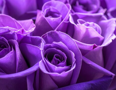 Close-up of vivid purple roses, petals swirling inward, soft light & depth of field