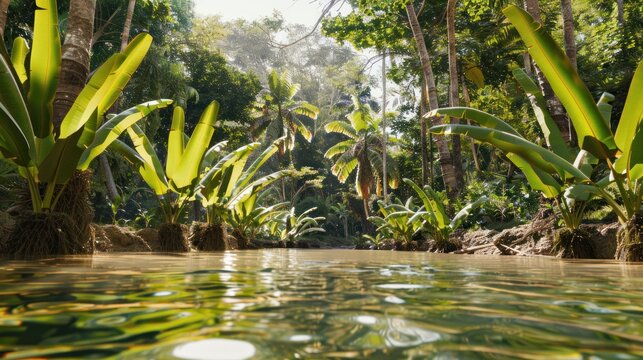 Tropical Jungle River with Lush Green Banana Trees and Tall Palm Trees in Sunlight - Powered by Adobe