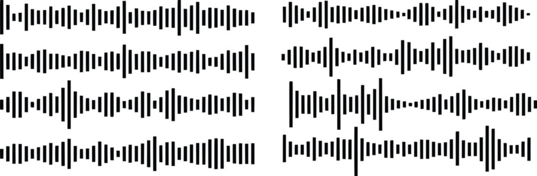 Podcast sound waves. Audio waveforms line icons, sound wave frequency or voice microphone signals. Music, podcast and broadcast, UI and audio branding design. Isolated vector set.