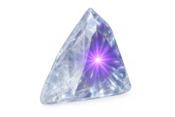 Glowing purple light inside a transparent crystal pyramid gemstone, illuminating concept design with magical energy theme