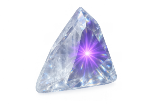 Glowing purple light inside a transparent crystal pyramid gemstone, illuminating concept design with magical energy theme