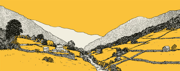 A yellow and white drawing of a valley with a house and a river. The valley is surrounded by hills