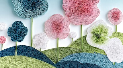 Colorful quilled paper art depicting flowers and hills in a vibrant landscape, showcasing intricate designs and textures.