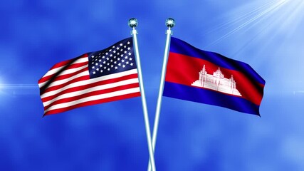 USA and Cambodia Flag Waving On Pole Loop
