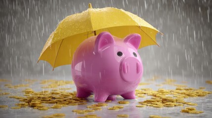 A pink piggy bank under a yellow umbrella amidst falling rain and scattered gold coins, symbolizing financial protection and savings.
