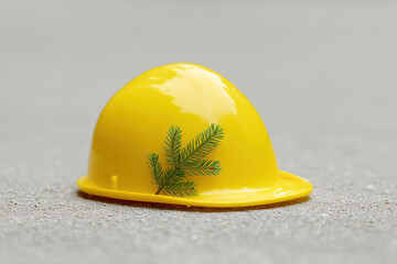 Fototapeta premium Holiday themed safety helmet adorned with subtle pine sprig on concrete surface with soft background