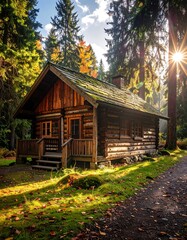 Cozy log cabin nestled in a vibrant autumn forest, sunlight streaming through trees, illuminating the path and building