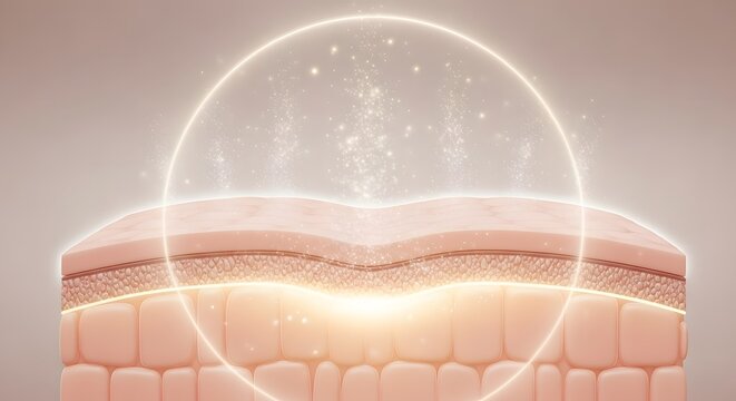 Cross section of healthy skin layers with glowing light and particles
