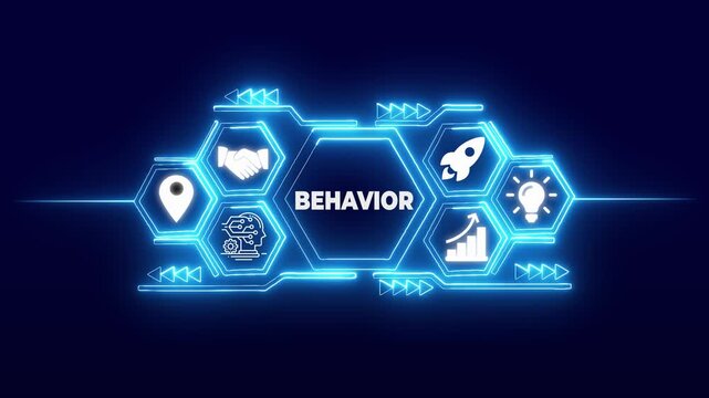 Neon blue circuit board icons set with behavior text