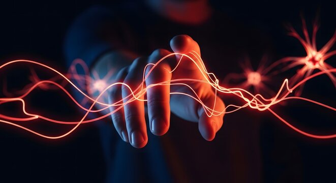 Brain communication network, Human Hand Connecting with Neuronal Network, Futuristic Technolo