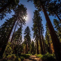 Looking upward at tall trees silhouetted against a bright, sunlit sky, the forest path is slightly visible