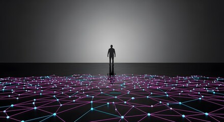 Brain communication network, Man Standing on Network of Interconnected Nodes and Edges, Data