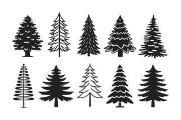 Pine Tree Silhouette Icon Set – Diverse Evergreen Forest Vector Collection